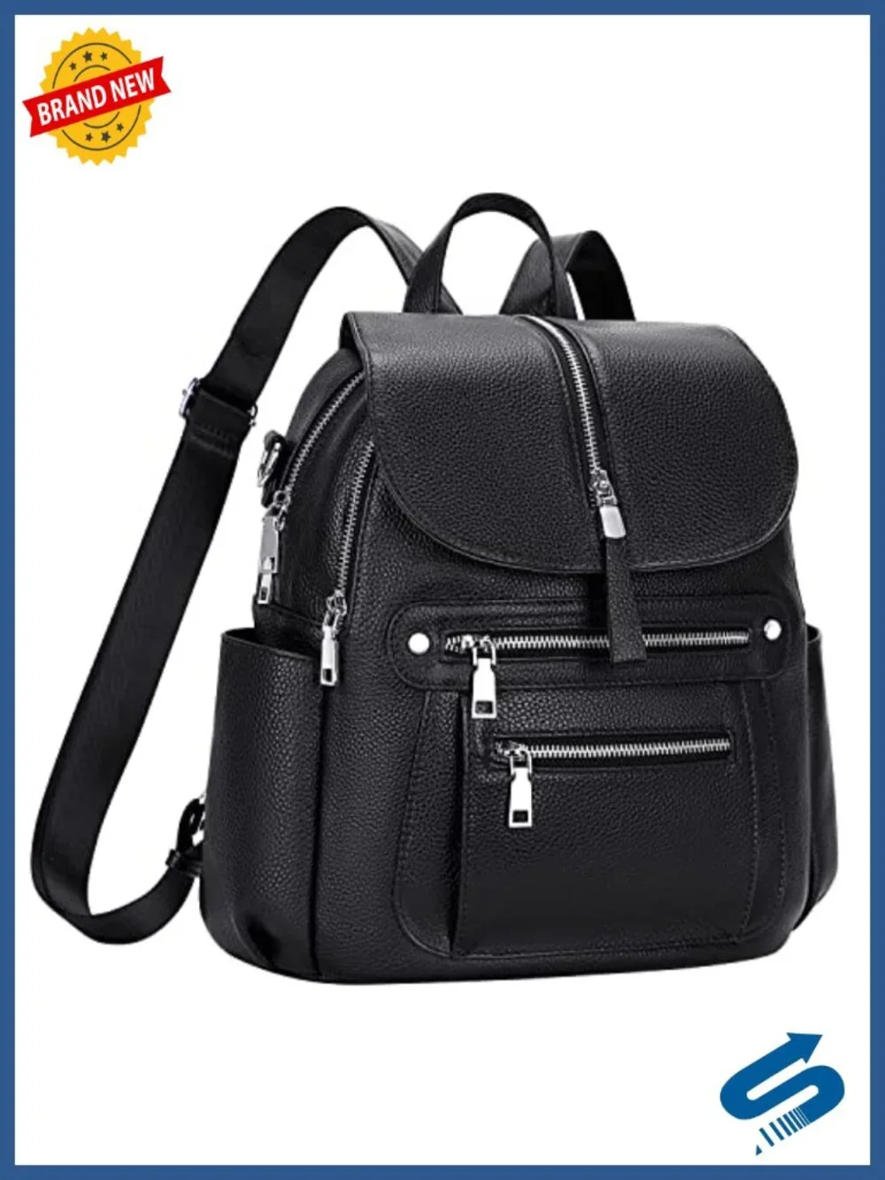 Genuine Leather Fashion Backpack with Multi Pockets and Flap, Shoulder Strap,